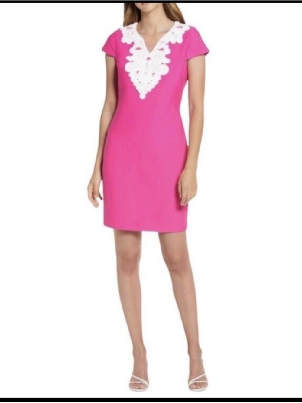 ELIZA J Pink White Cap Sleeve Embroidered V Neck Shift Dress Size 8p